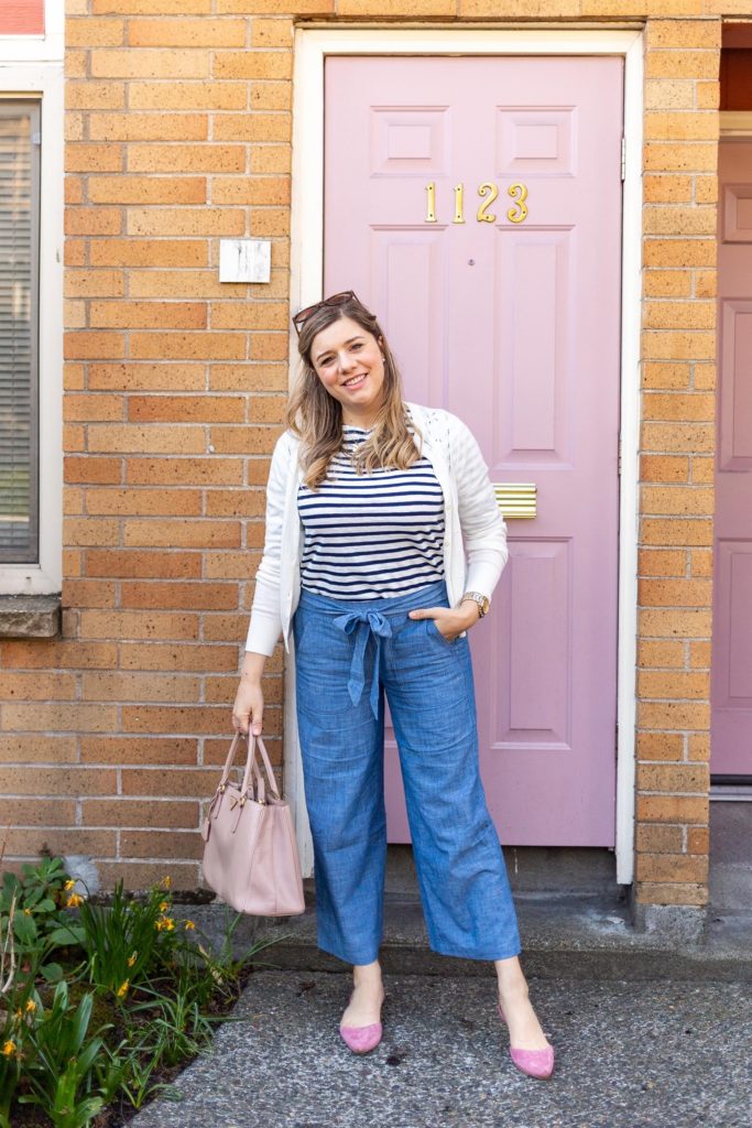 wide leg chambray pants - feminine wide leg crop pants - J.Crew factory chambray bow pants - Seattle style blog - Northwest Blonde