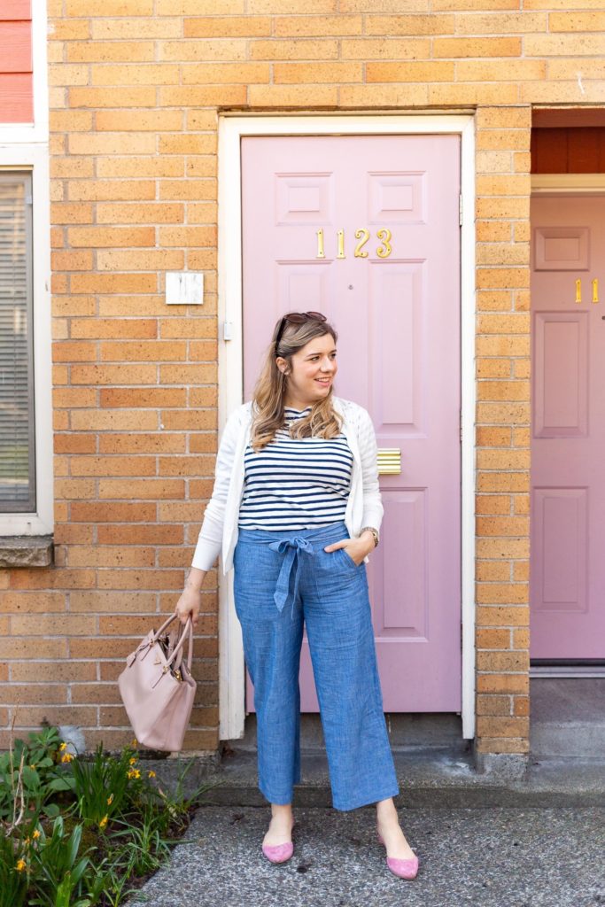 wide leg chambray pants - feminine wide leg crop pants - J.Crew factory chambray bow pants - Seattle style blog - Northwest Blonde