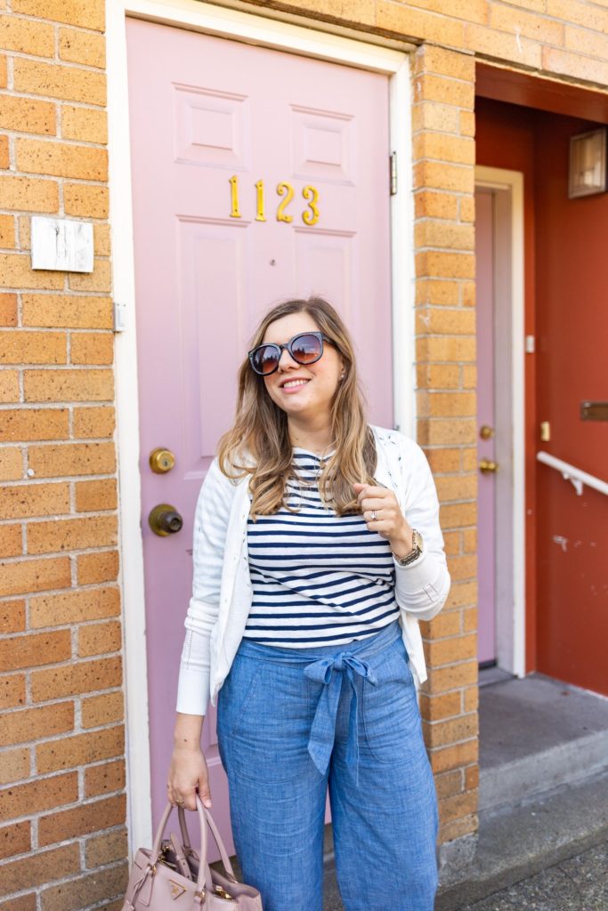 wide leg chambray pants - feminine wide leg crop pants - J.Crew factory chambray bow pants - Seattle style blog - Northwest Blonde