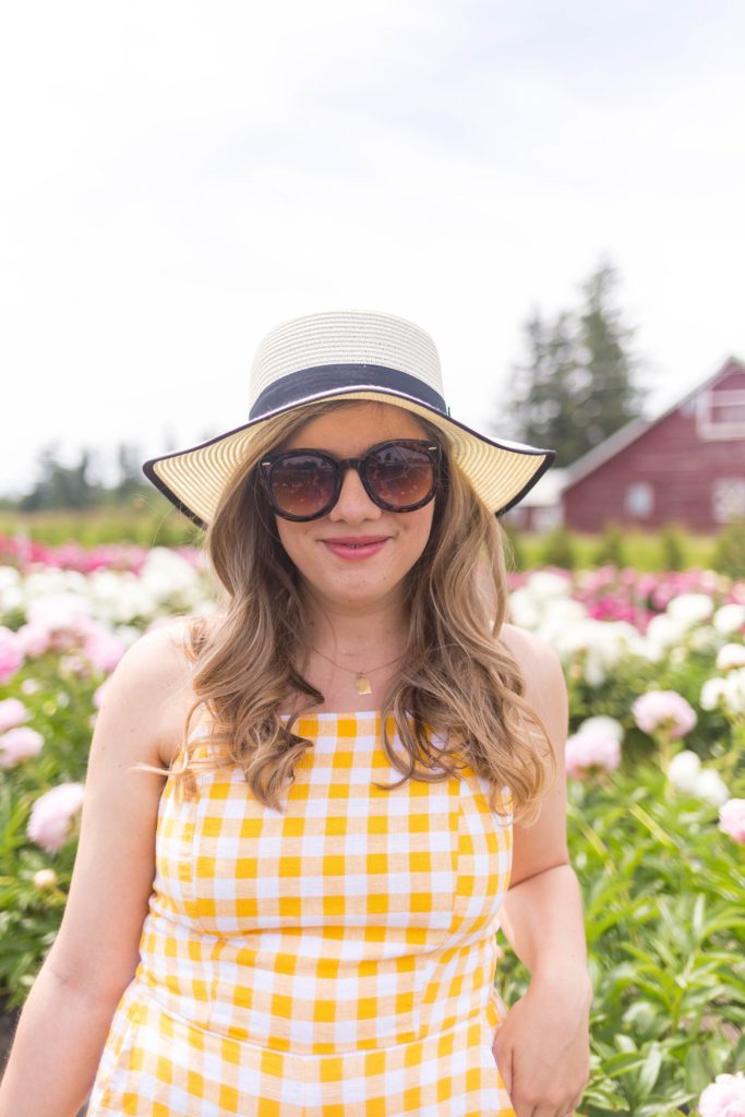 yellow gingham jumpsuit - Old Navy summer - linen jumpsuit - affordable summer wardrobe - peony farm - Northwest Blonde - Seattle style blog