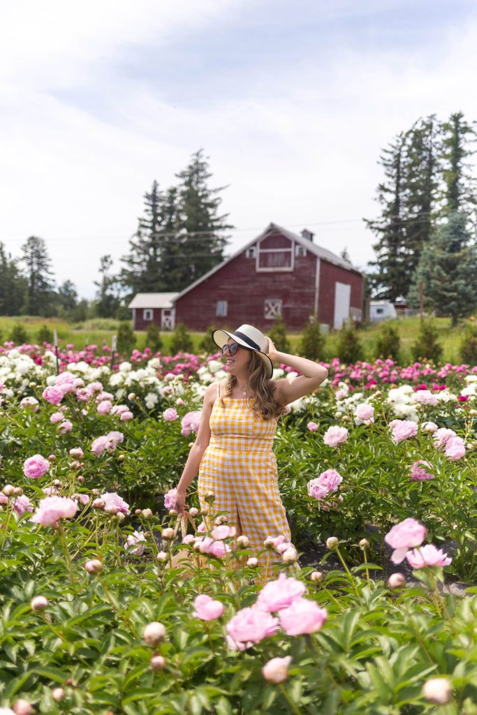 yellow gingham jumpsuit - Old Navy summer - linen jumpsuit - affordable summer wardrobe - peony farm - Northwest Blonde - Seattle style blog