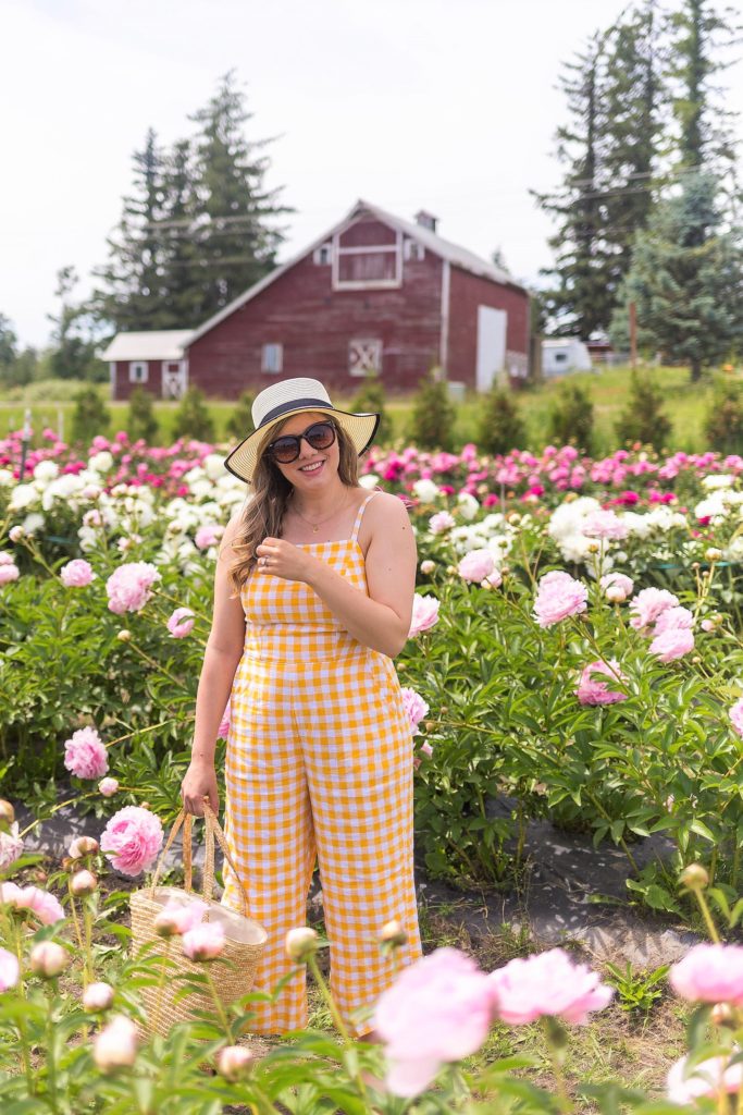 yellow gingham jumpsuit - Old Navy summer - linen jumpsuit - affordable summer wardrobe - peony farm - Northwest Blonde - Seattle style blog