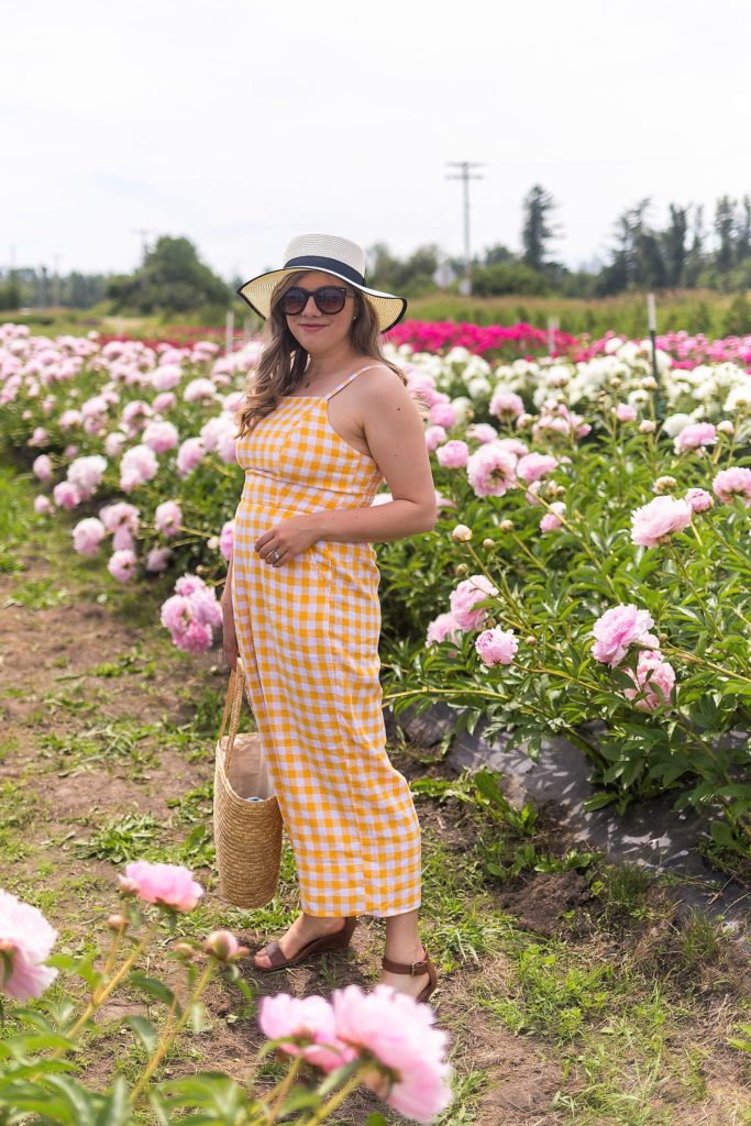 yellow gingham jumpsuit - Old Navy summer - linen jumpsuit - affordable summer wardrobe - peony farm - Northwest Blonde - Seattle style blog