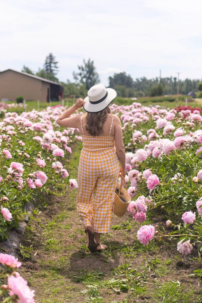 yellow gingham jumpsuit - Old Navy summer - linen jumpsuit - affordable summer wardrobe - peony farm - Northwest Blonde - Seattle style blog