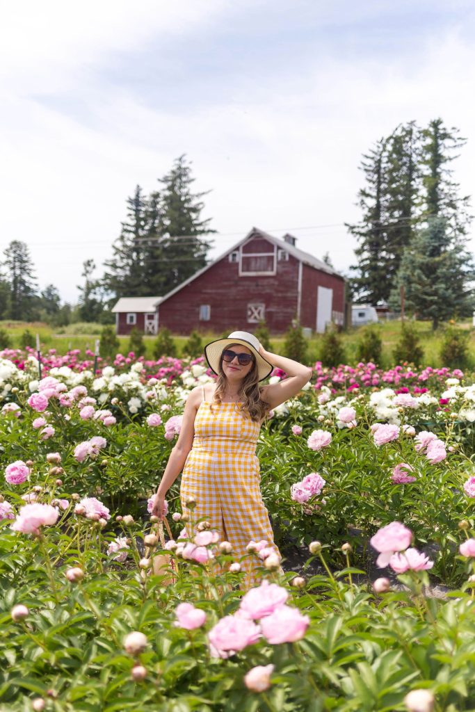 yellow gingham jumpsuit - Old Navy summer - linen jumpsuit - affordable summer wardrobe - peony farm - Northwest Blonde - Seattle style blog