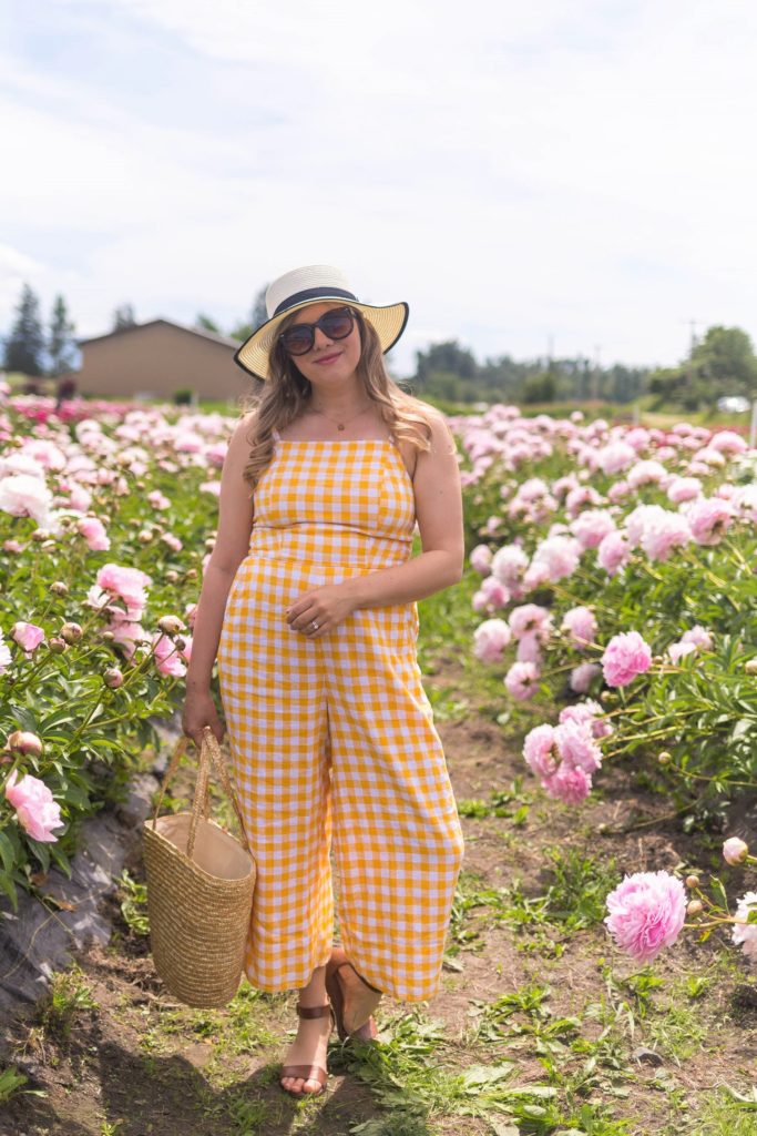 yellow gingham jumpsuit - Old Navy summer - linen jumpsuit - affordable summer wardrobe - peony farm - Northwest Blonde - Seattle style blog