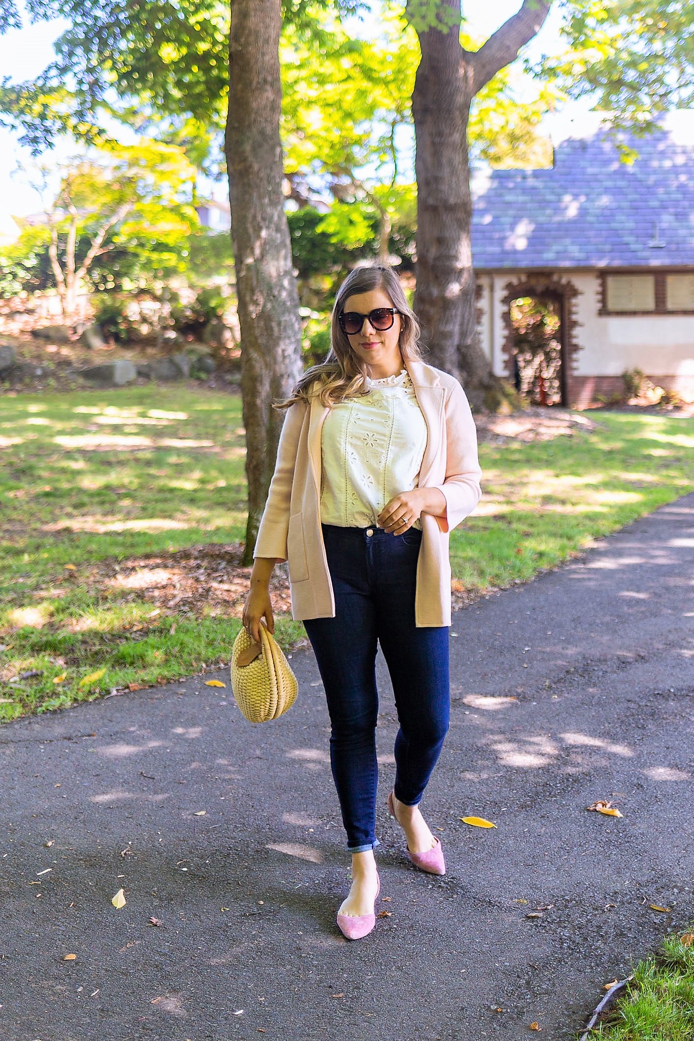 j.crew eyelet shirt - j.jill denim leggings - cute mom outfit