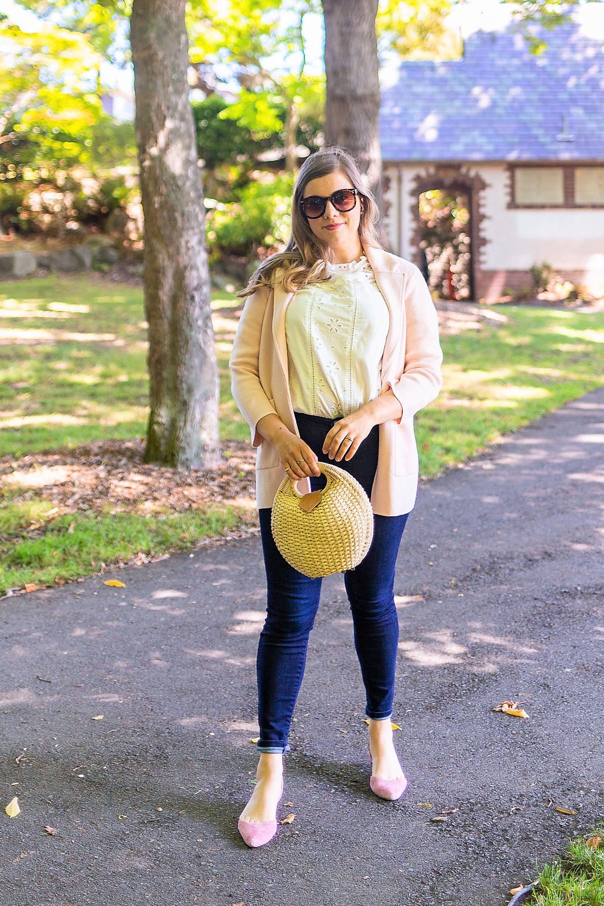 j.crew eyelet shirt - j.jill denim leggings - cute mom outfit