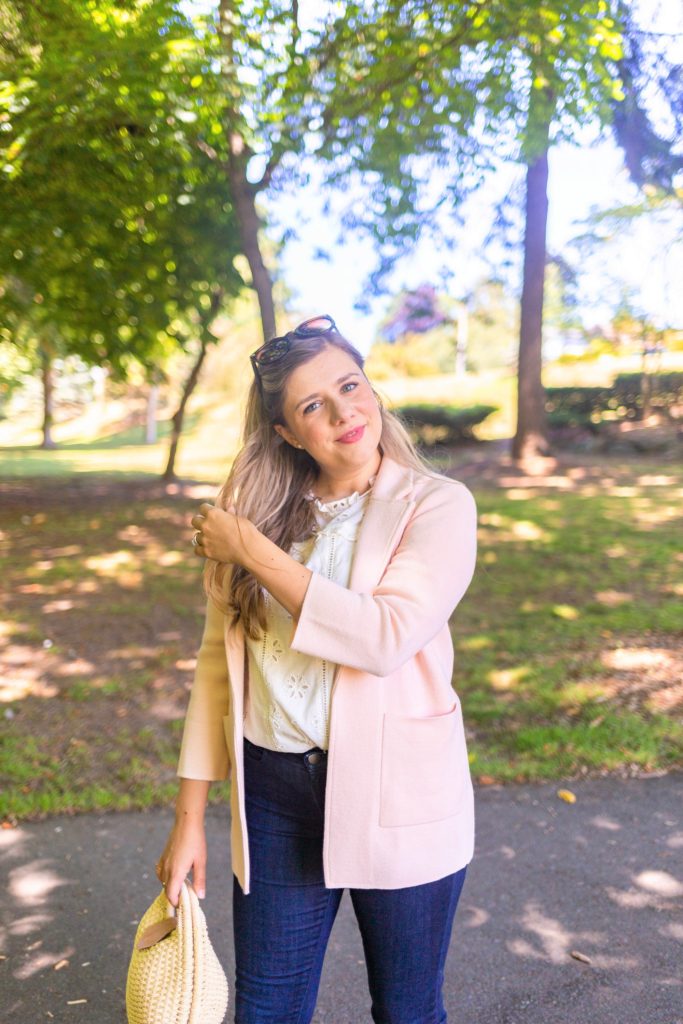 j.crew eyelet shirt - j.jill denim leggings - cute mom outfit - sling back flats - Northwest Blonde - Seattle style blog 