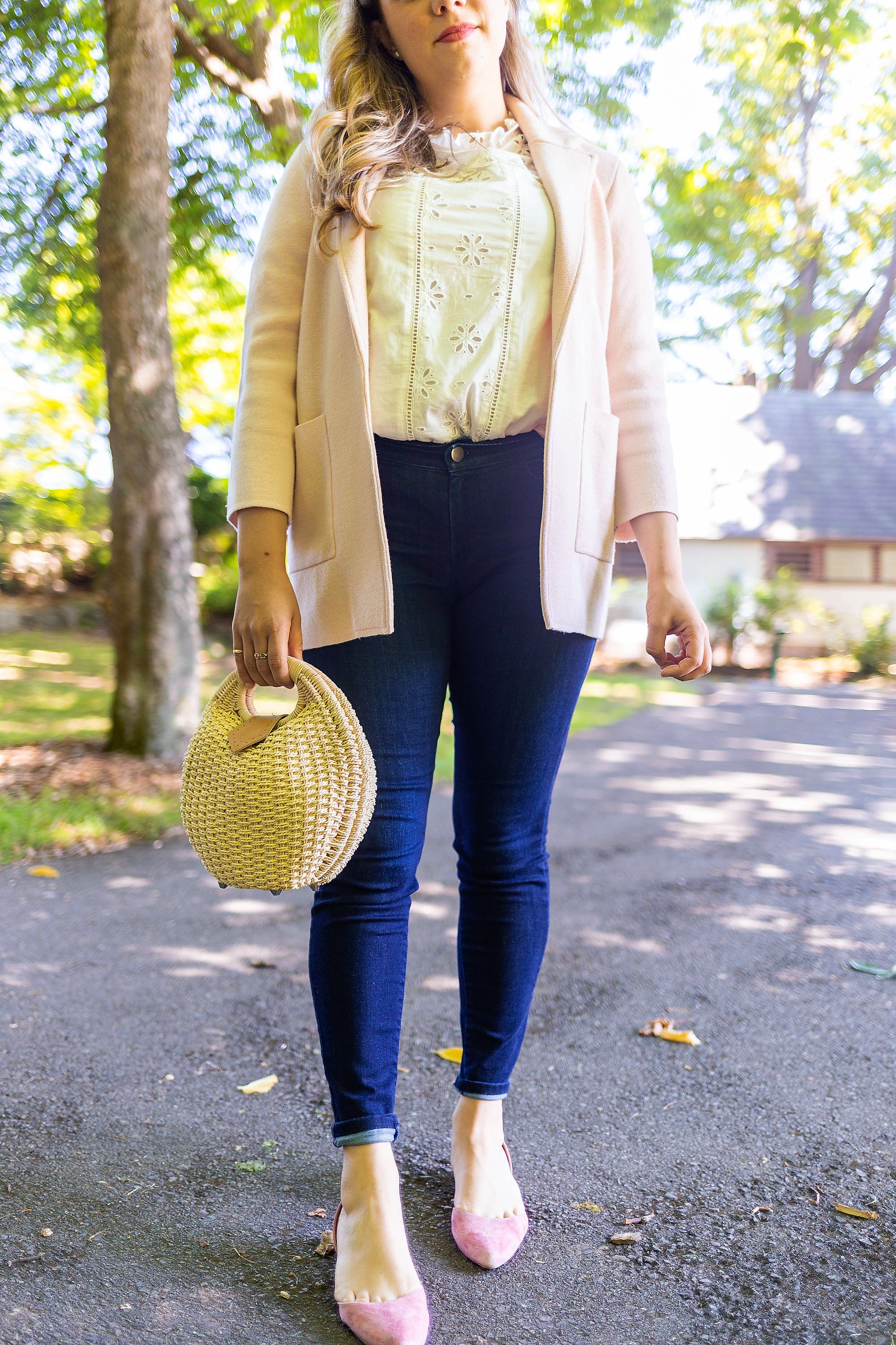 j.crew eyelet shirt - j.jill denim leggings - cute mom outfit