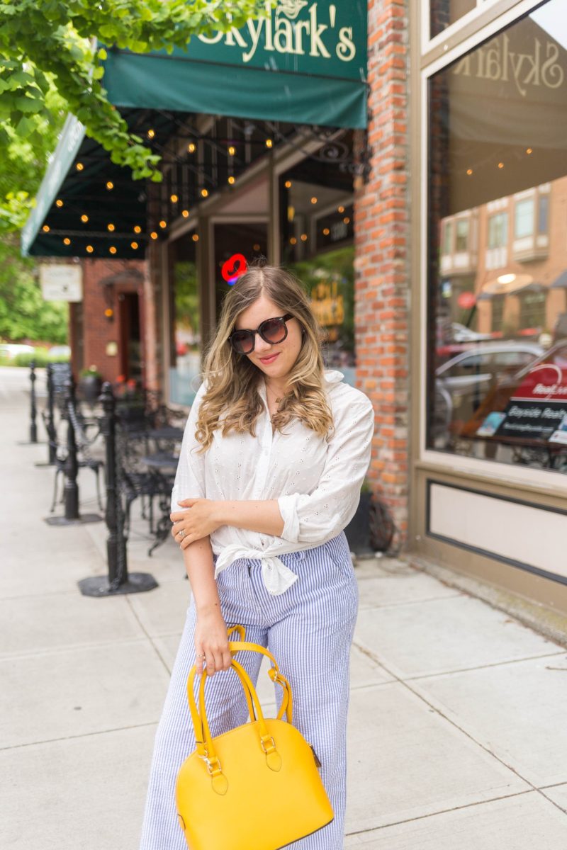 AFENDS Womens Splice - Seersucker Wide Leg Pant - White / Lemongrass