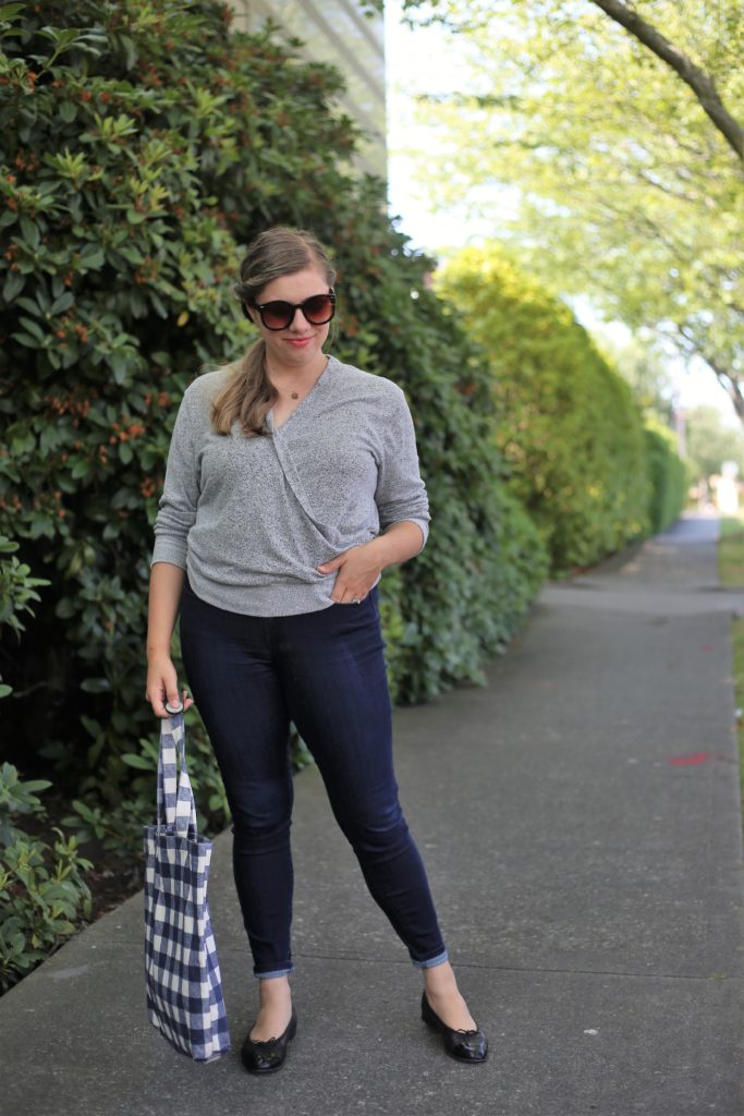 wrap sweater top - nordstrom anniversary sale - gingham tote bag - Northwest Blonde - Seattle style blog 