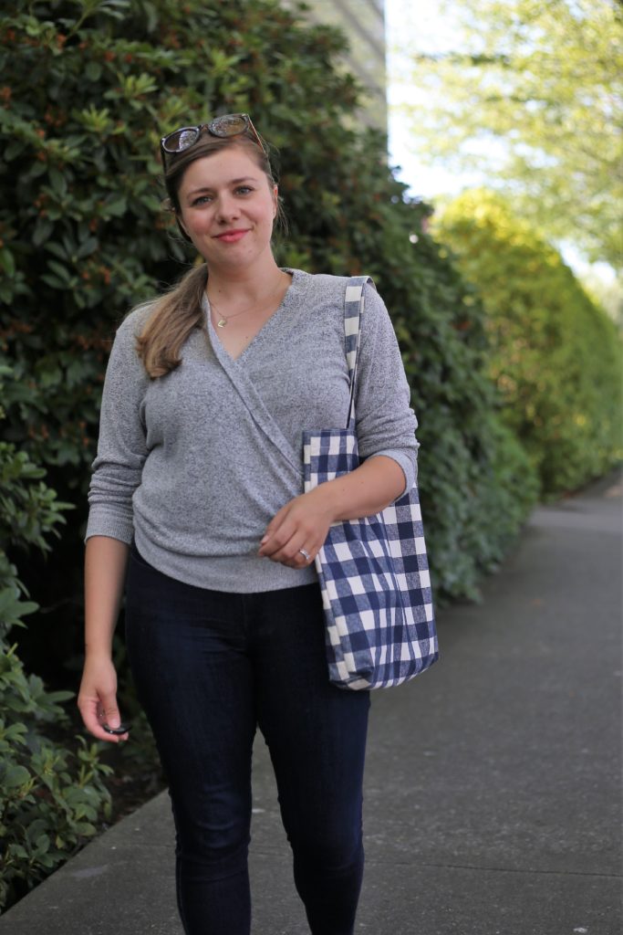 wrap sweater top - nordstrom anniversary sale - gingham tote bag - Northwest Blonde - Seattle style blog 