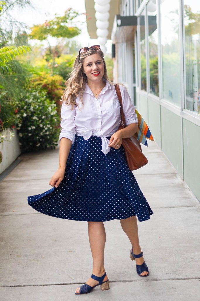 old navy stain repellant white button down - polka dot skirt - easy end of summer outfit - Northwest Blonde - Seattle style blog 