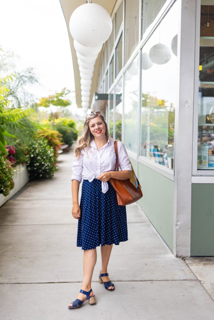 old navy stain repellant white button down - polka dot skirt - easy end of summer outfit - Northwest Blonde - Seattle style blog 