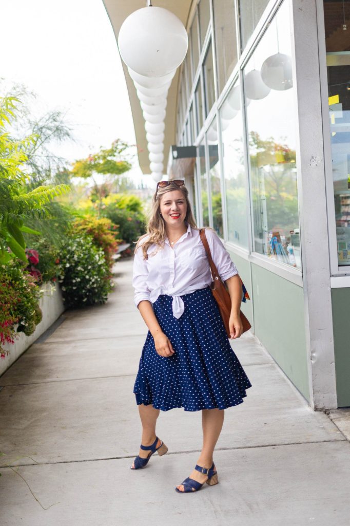 old navy stain repellant white button down - polka dot skirt - easy end of summer outfit - Northwest Blonde - Seattle style blog 