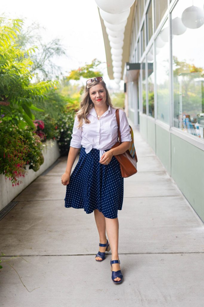 old navy stain repellant white button down - polka dot skirt - easy end of summer outfit - Northwest Blonde - Seattle style blog 