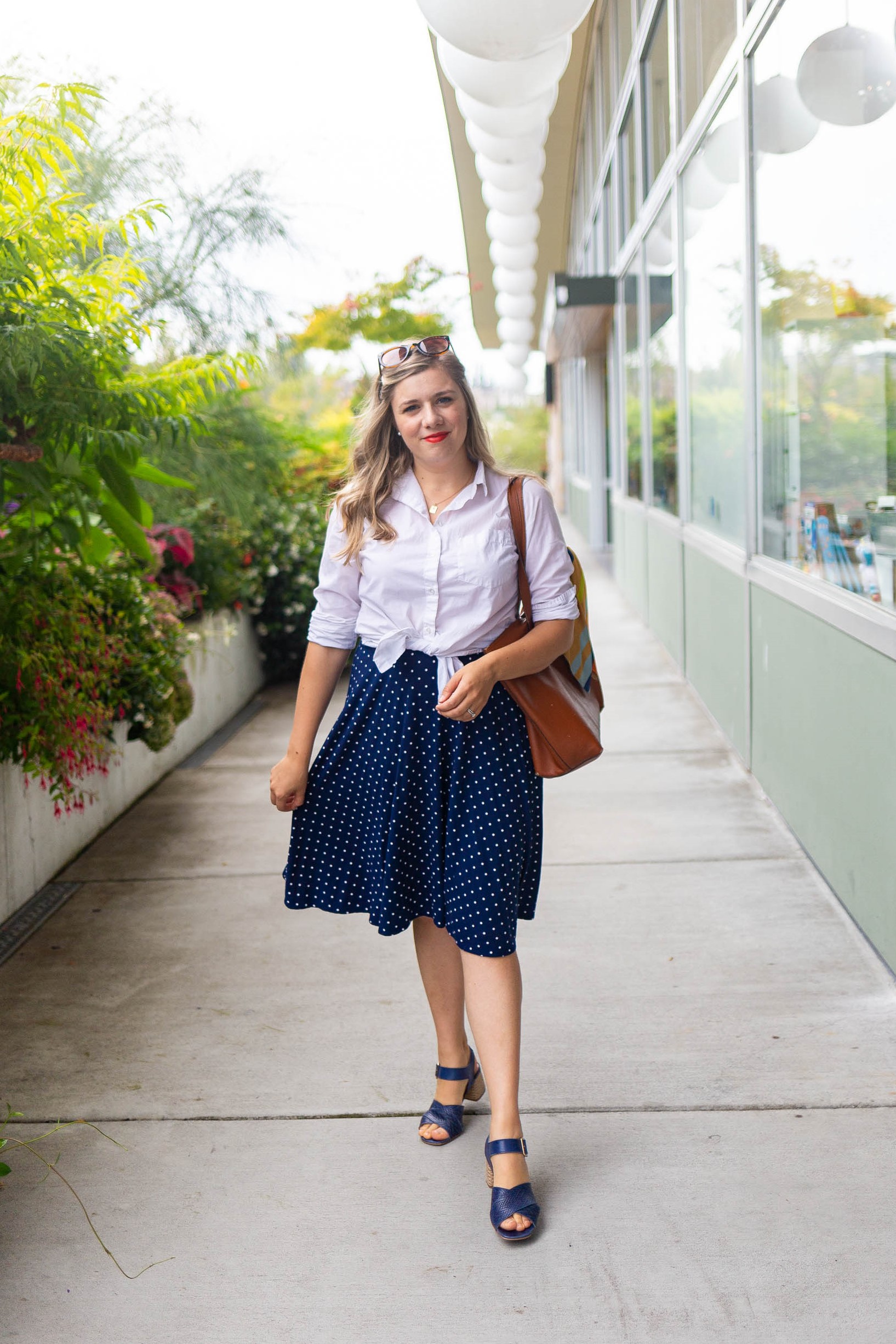 old navy stain repellant white button down - polka dot skirt - easy end of summer outfit - Northwest Blonde - Seattle style blog