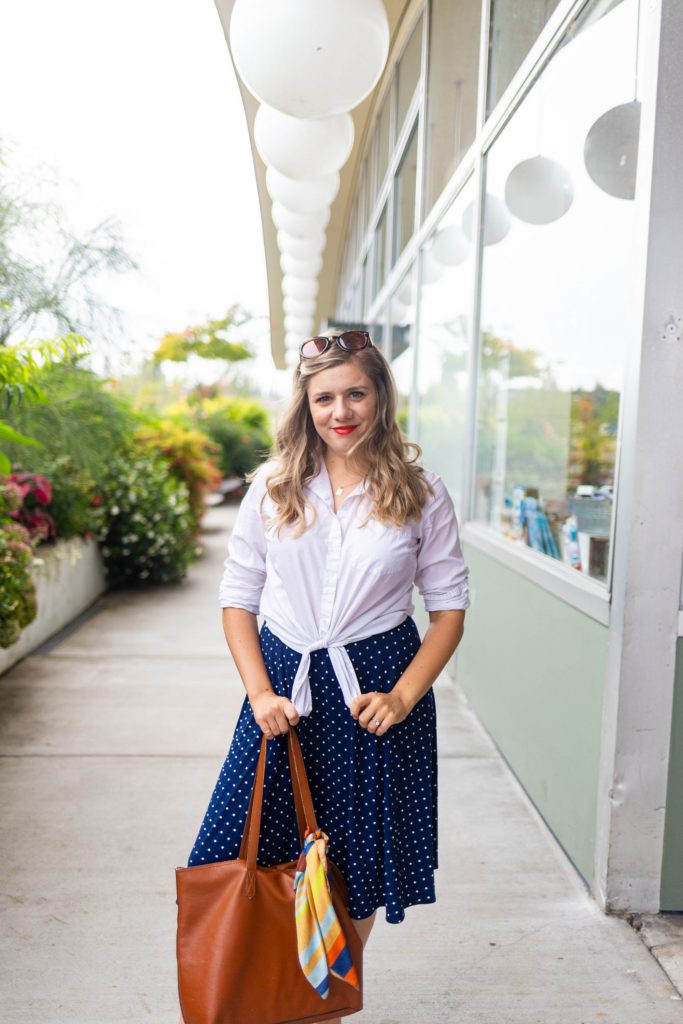 old navy stain repellant white button down - polka dot skirt - easy end of summer outfit - Northwest Blonde - Seattle style blog 