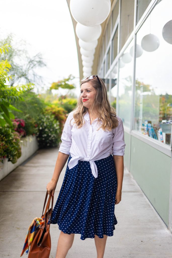 old navy stain repellant white button down - polka dot skirt - easy end of summer outfit - Northwest Blonde - Seattle style blog 