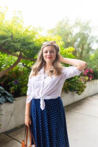 old navy stain repellant white button down - polka dot skirt - easy end of summer outfit - Northwest Blonde - Seattle style blog