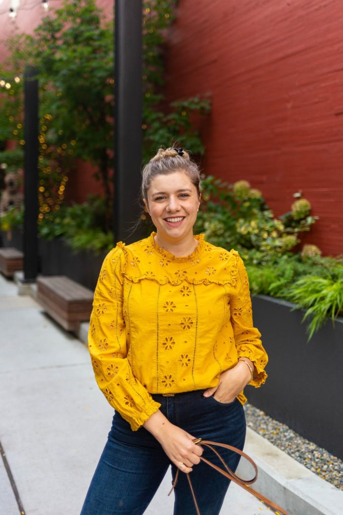 j.crew eyelet top yellow - abercrombie skinny jeans - best postpartum skinny jeans - coach city bag - madewell frances loafers - northwest blonde - seattle style blog - classic style 2