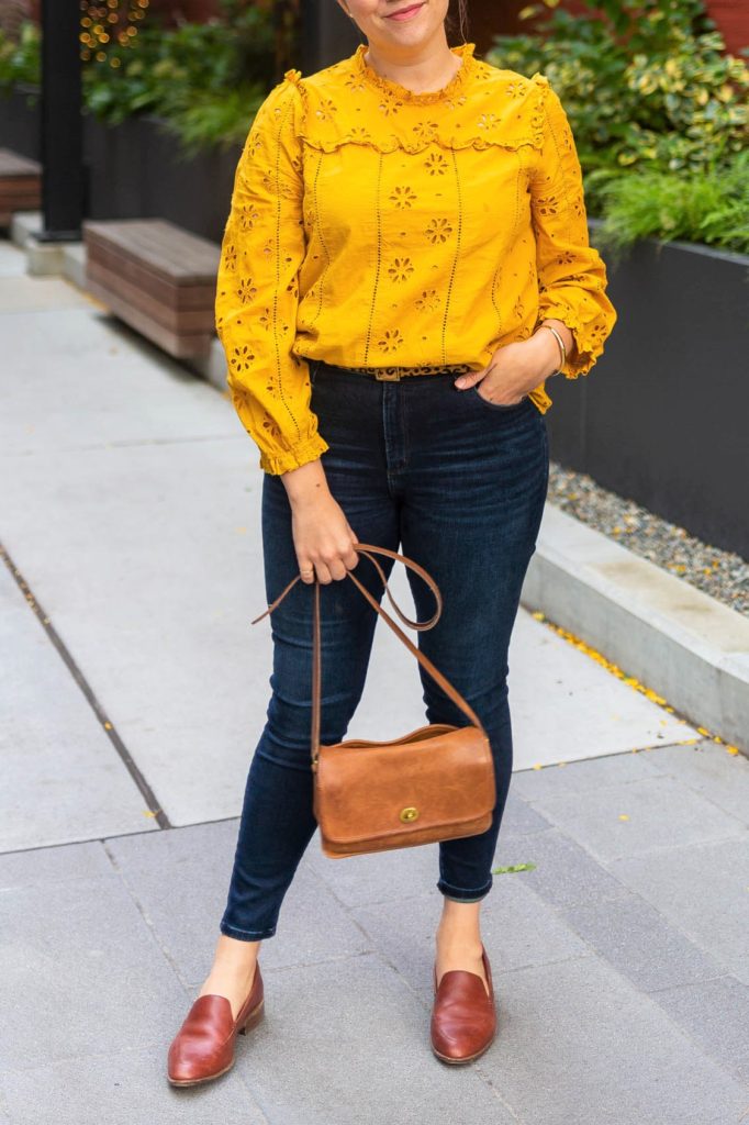 j.crew eyelet top yellow - abercrombie skinny jeans - best postpartum skinny jeans - coach city bag - madewell frances loafers - northwest blonde - seattle style blog - classic style 2