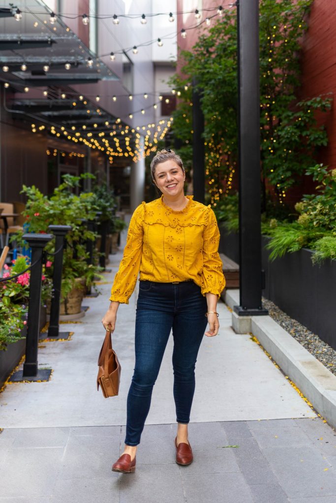 j.crew eyelet top yellow - abercrombie skinny jeans - best postpartum skinny jeans - coach city bag - madewell frances loafers - northwest blonde - seattle style blog - classic style 2