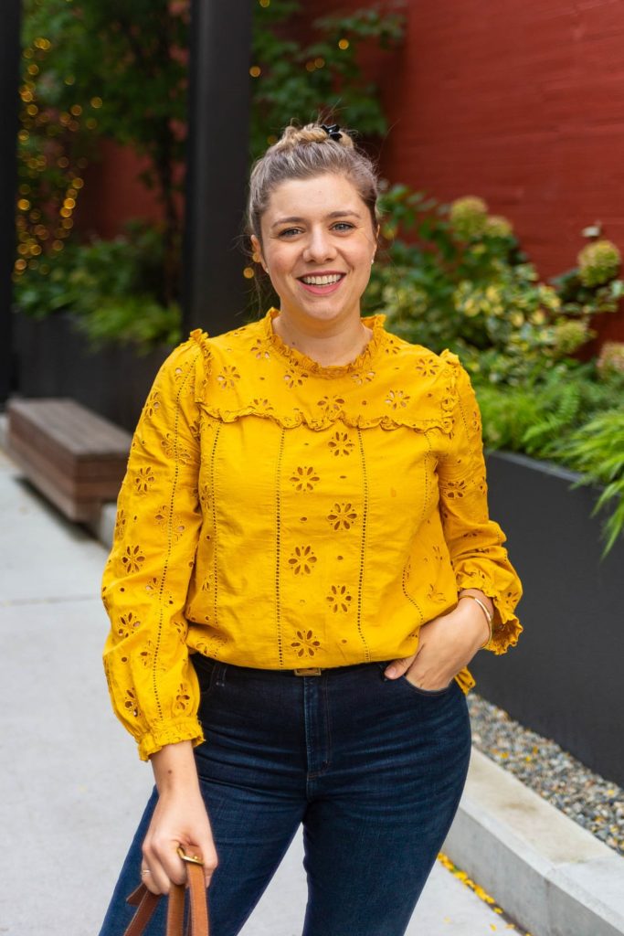 j.crew eyelet top yellow - abercrombie skinny jeans - best postpartum skinny jeans - coach city bag - madewell frances loafers - northwest blonde - seattle style blog - classic style 2