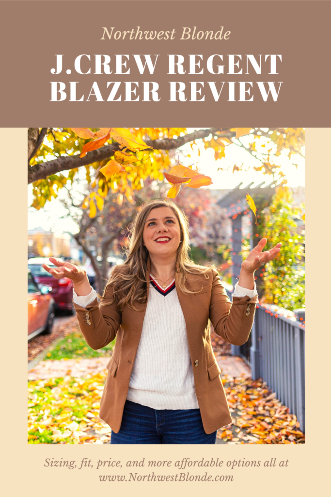 This J.Crew Regent blazer review will share everything you need to know before purchasing. Click to read details about fit, price, colors, as well as cheaper alternatives like the School Boy Blazer. It's a preppy fall blazer that you'll own for years. Click to read more #falloutfit #jcrew #preppyoutfit