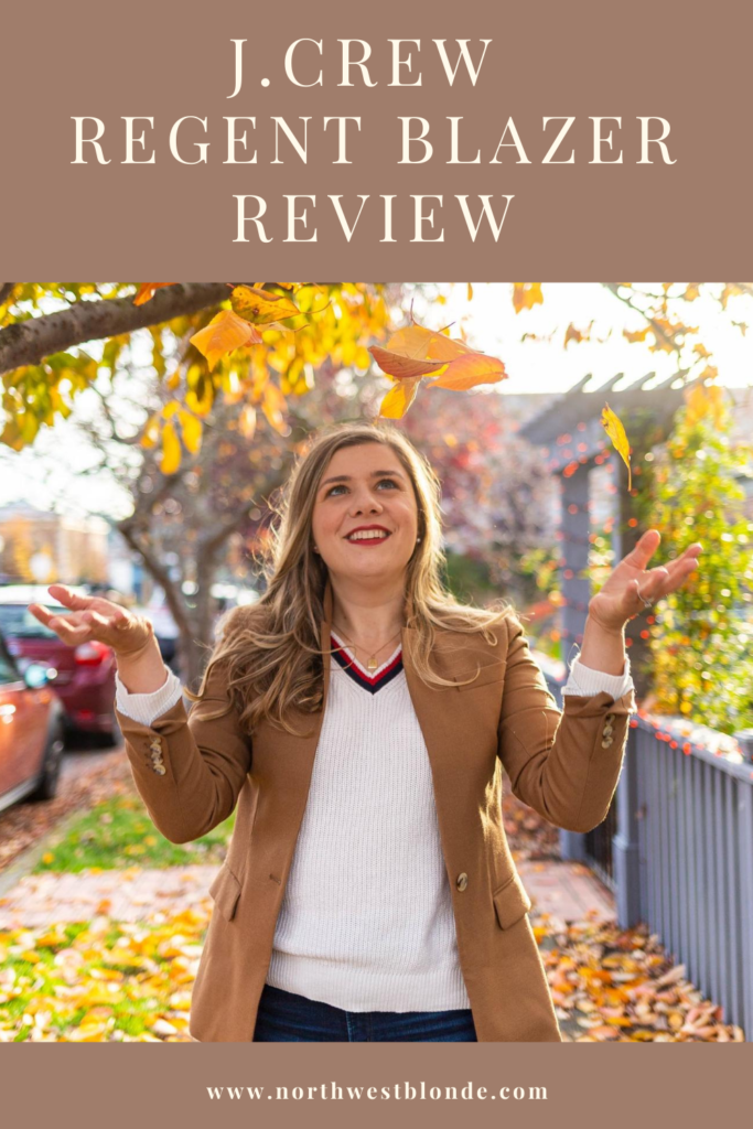 This J.Crew Regent blazer review will share everything you need to know before purchasing. Click to read details about fit, price, colors, as well as cheaper alternatives like the School Boy Blazer. It's a preppy fall blazer that you'll own for years. Click to read more #falloutfit #jcrew #preppyoutfit