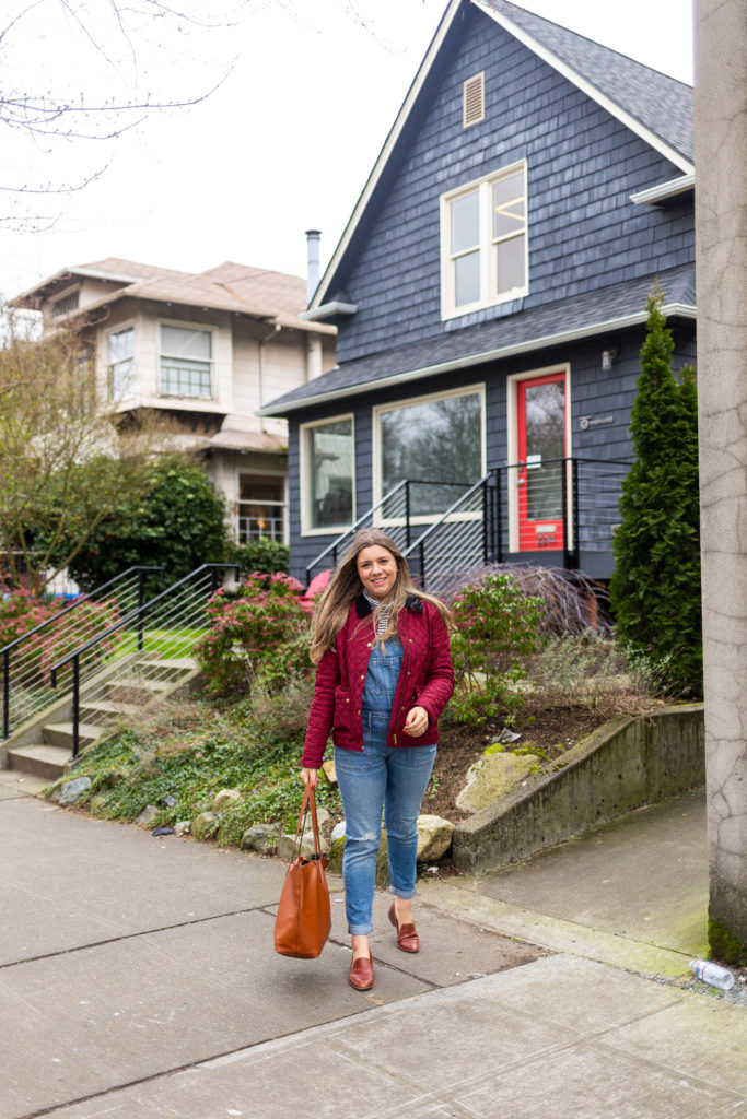 cute winter overalls outfit - madewell loafers - how to wear overalls - comfortable and cute mom outfit