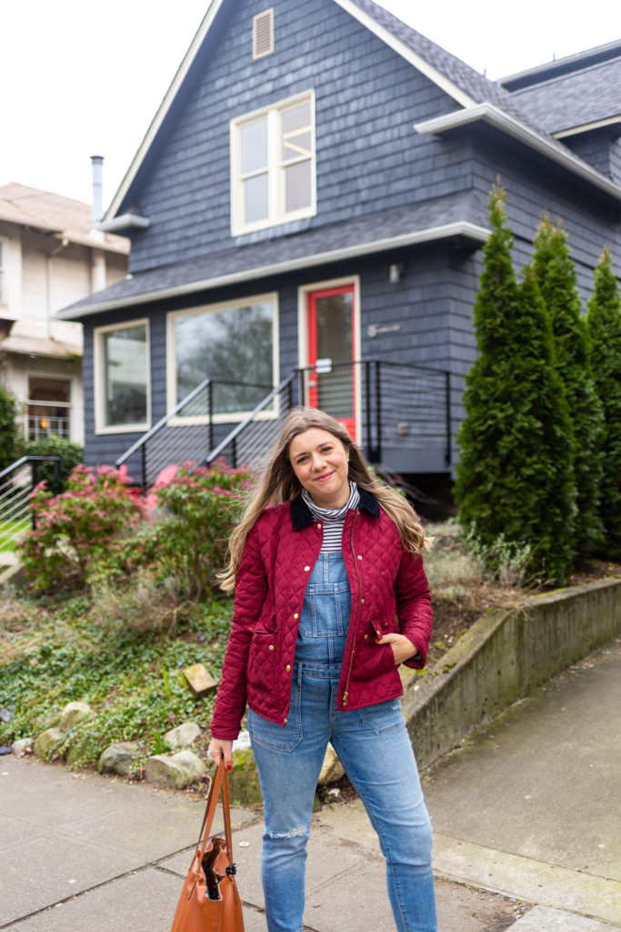 cute winter overalls outfit - madewell loafers - how to wear overalls - comfortable and cute mom outfit