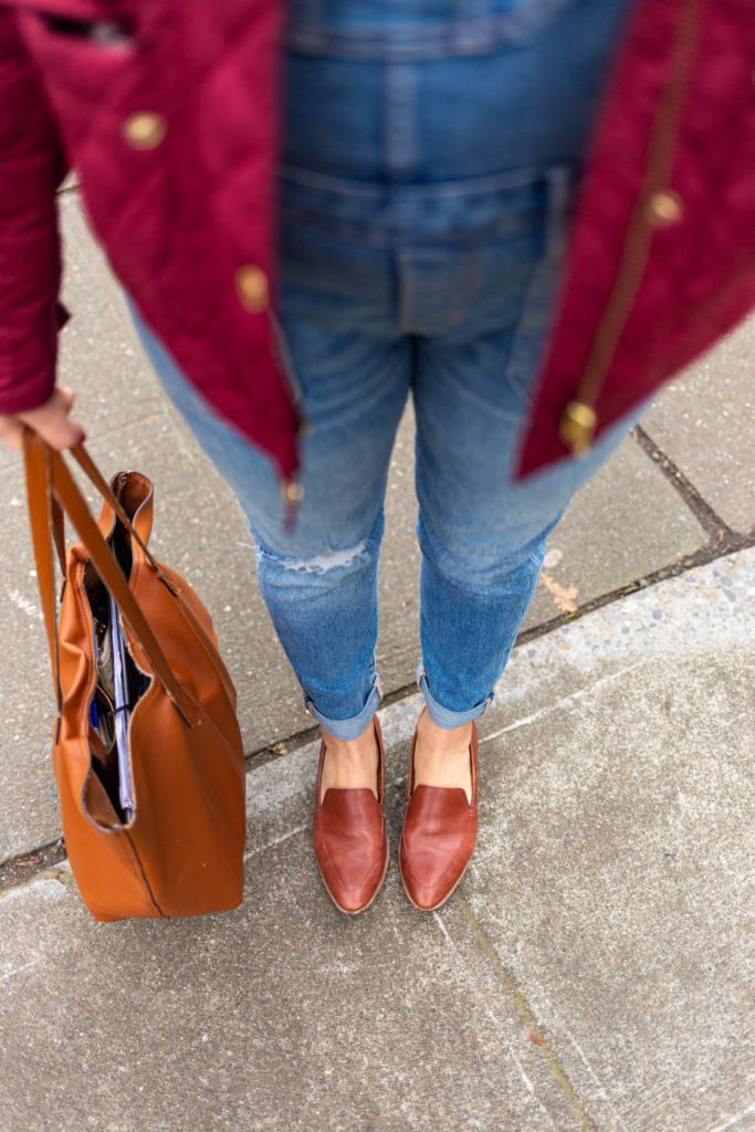 cute winter overalls outfit - madewell loafers - how to wear overalls - comfortable and cute mom outfit