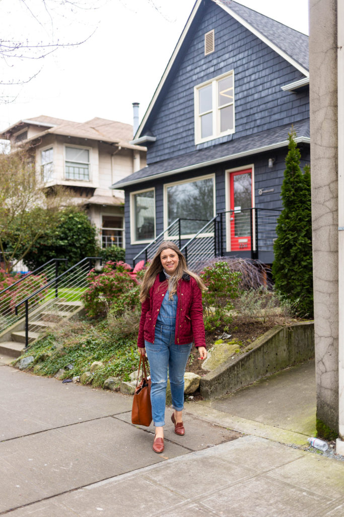 cute winter overalls outfit - madewell loafers - how to wear overalls - comfortable and cute mom outfit