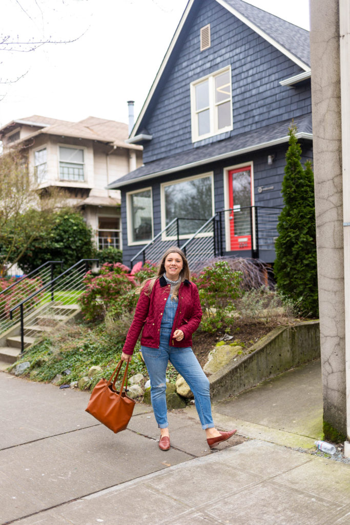 cute winter overalls outfit - madewell loafers - how to wear overalls - comfortable and cute mom outfit