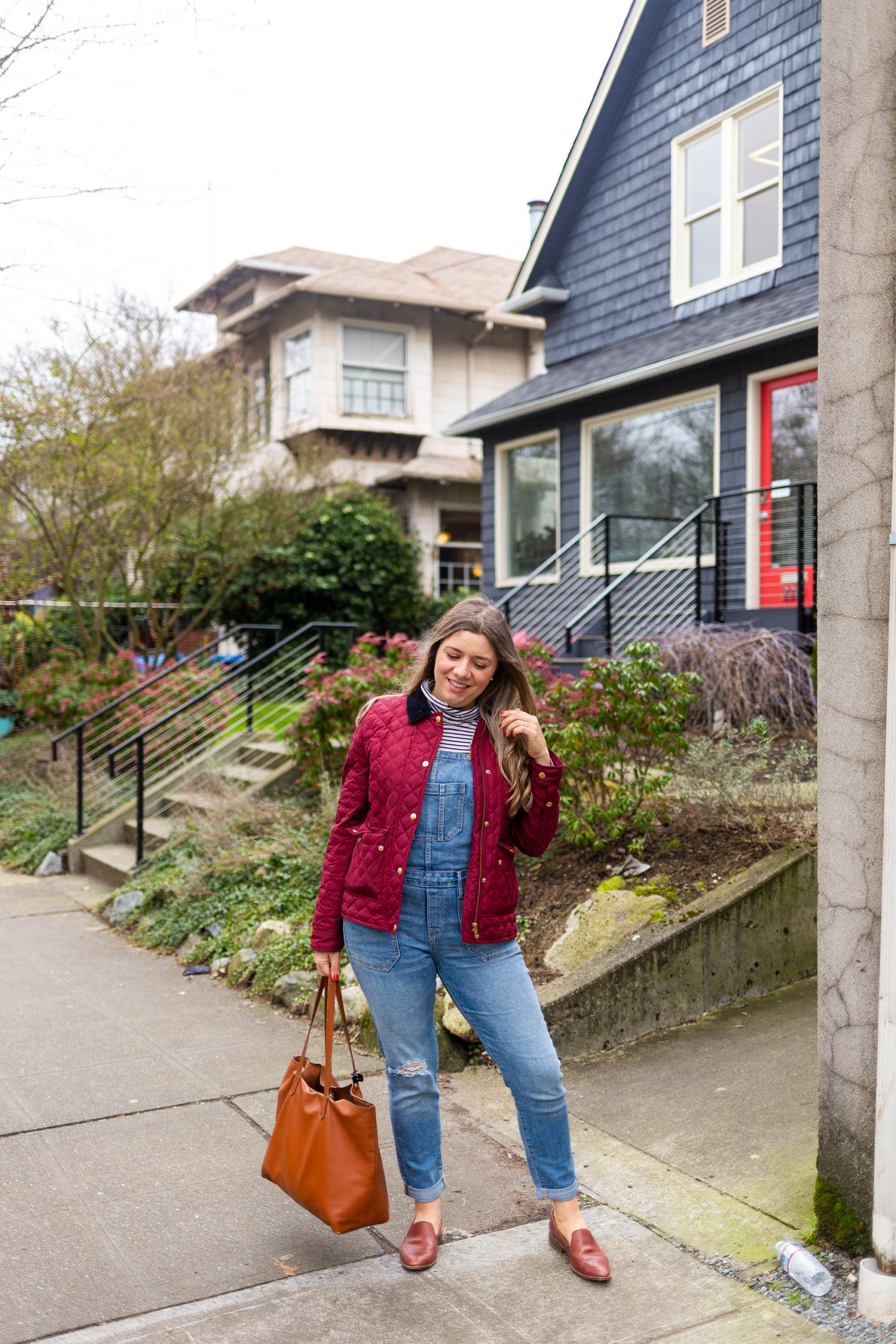 cute winter overalls outfit - madewell loafers - how to wear overalls - comfortable and cute mom outfit