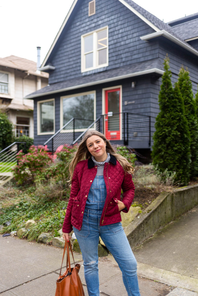 cute winter overalls outfit - madewell loafers - how to wear overalls - comfortable and cute mom outfit