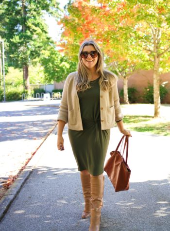 A stretchy dress and slouchy boots are an easy fall outfit idea for when you want to get dressed up for fall. This cute fall outfit is a easy way to wear a dress with boots. Get more fall outfit ideas on NorthwestBlonde.com #fallfashion #falloutfitidea