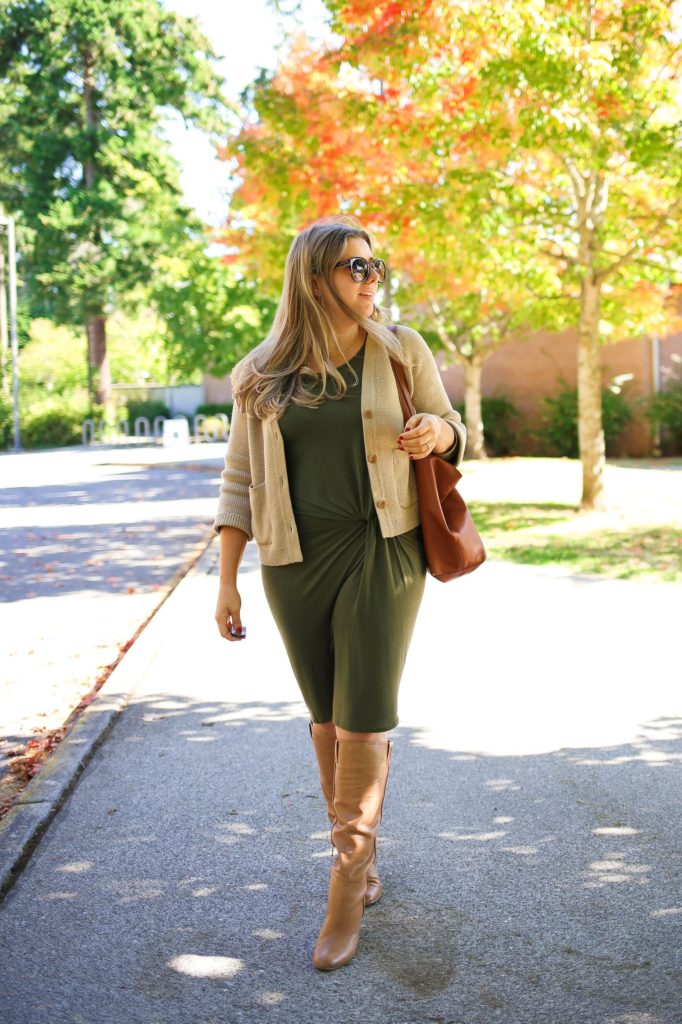 A stretchy dress and slouchy boots are an easy fall outfit idea for when you want to get dressed up for fall. This cute fall outfit is a easy way to wear a dress with boots. Get more fall outfit ideas on NorthwestBlonde.com #fallfashion #falloutfitidea