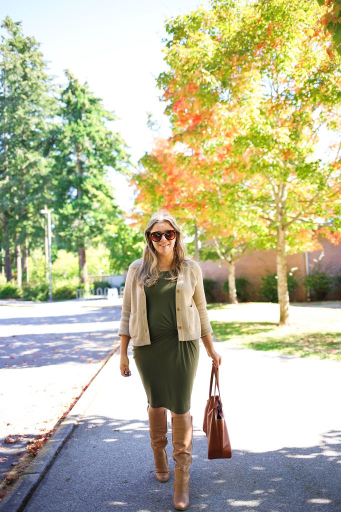 A stretchy dress and slouchy boots are an easy fall outfit idea for when you want to get dressed up for fall. This cute fall outfit is a easy way to wear a dress with boots. Get more fall outfit ideas on NorthwestBlonde.com #fallfashion #falloutfitidea