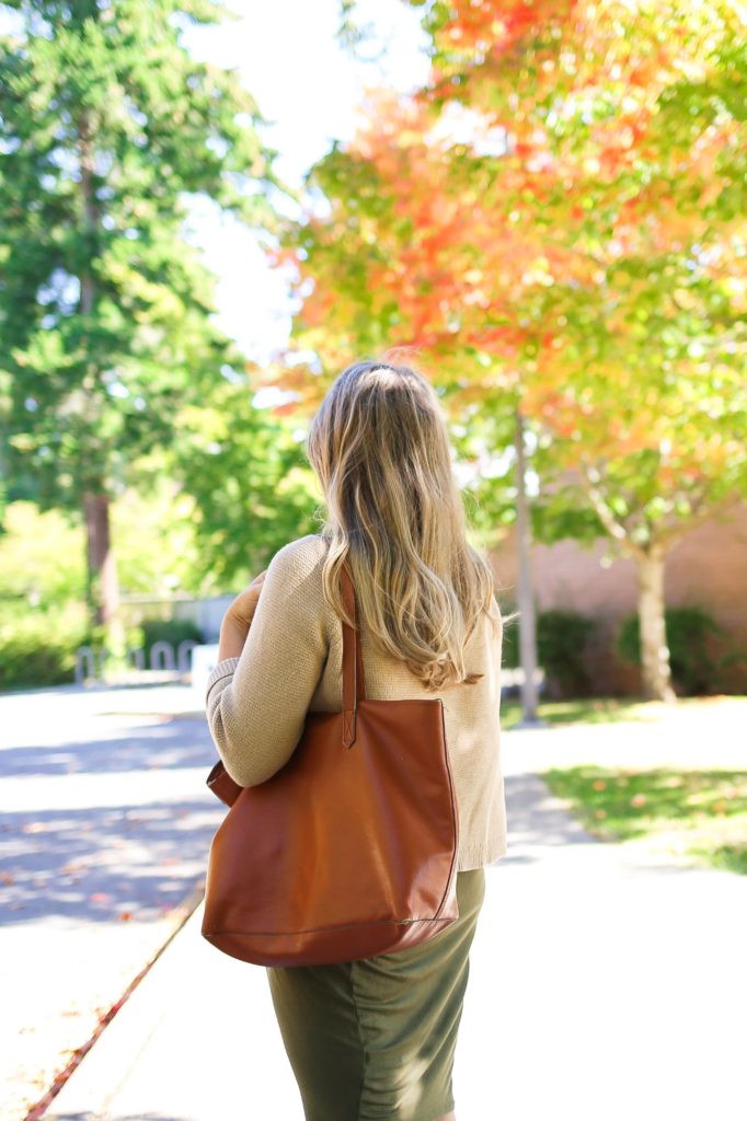 A stretchy dress and slouchy boots are an easy fall outfit idea for when you want to get dressed up for fall. This cute fall outfit is a easy way to wear a dress with boots. Get more fall outfit ideas on NorthwestBlonde.com #fallfashion #falloutfitidea