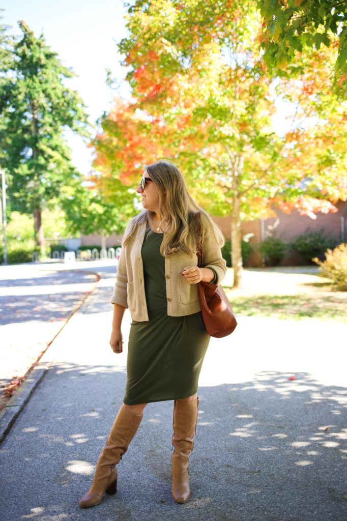 A stretchy dress and slouchy boots are an easy fall outfit idea for when you want to get dressed up for fall. This cute fall outfit is a easy way to wear a dress with boots. Get more fall outfit ideas on NorthwestBlonde.com #fallfashion #falloutfitidea