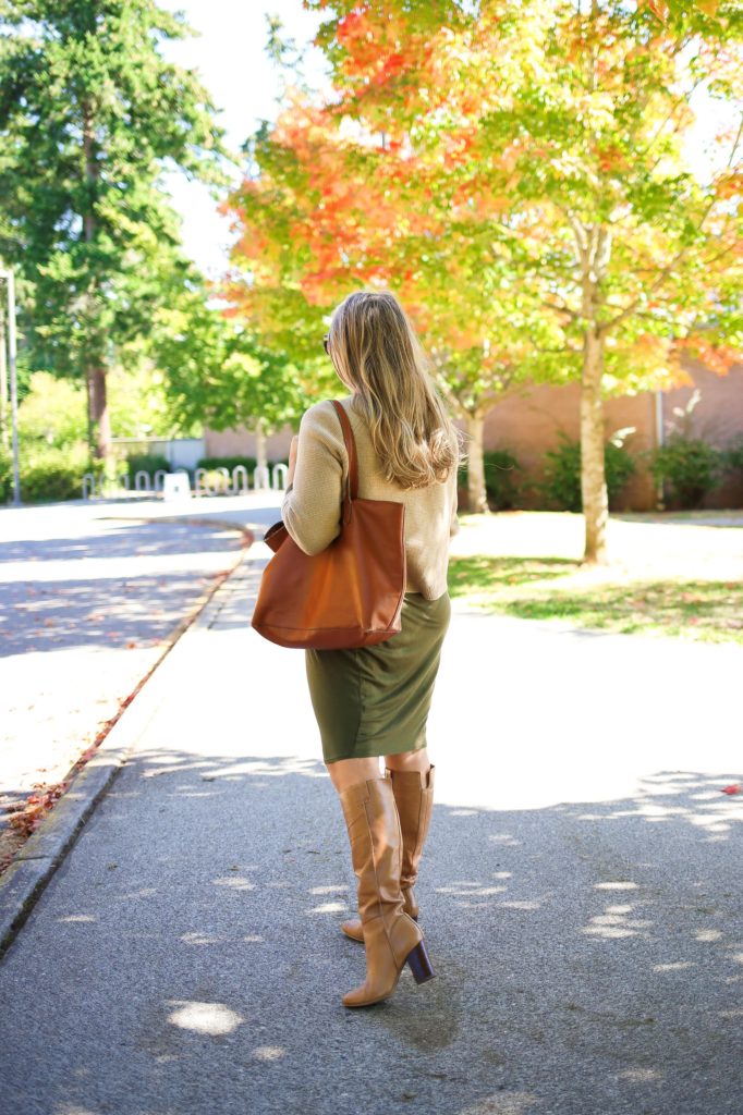 A stretchy dress and slouchy boots are an easy fall outfit idea for when you want to get dressed up for fall. This cute fall outfit is a easy way to wear a dress with boots. Get more fall outfit ideas on NorthwestBlonde.com #fallfashion #falloutfitidea