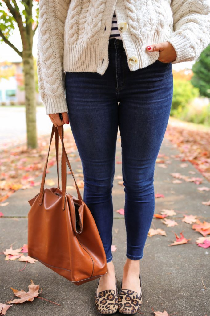 You'll love fall in this cozy fall outfit. A chunky knit sweater is ideal for when the temperature dips below 60 degrees. Get all the details of this easy fall outfit by clicking through or save if for fall outfit inspiration later #fallfashion #falloutfitidea