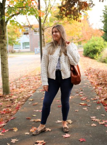 You'll love fall in this cozy fall outfit. A chunky knit sweater is ideal for when the temperature dips below 60 degrees. Get all the details of this easy fall outfit by clicking through or save if for fall outfit inspiration later #fallfashion #falloutfitidea