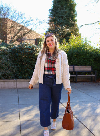 The Old Navy flannels are a great affordable find. This is an easy plaid flannel outfit idea for the fall and winter. With a cable knit cardigan and jeans, you'll have a perfect preppy flannel outfit for winter. #preppy #winteroutfitidea #flannel