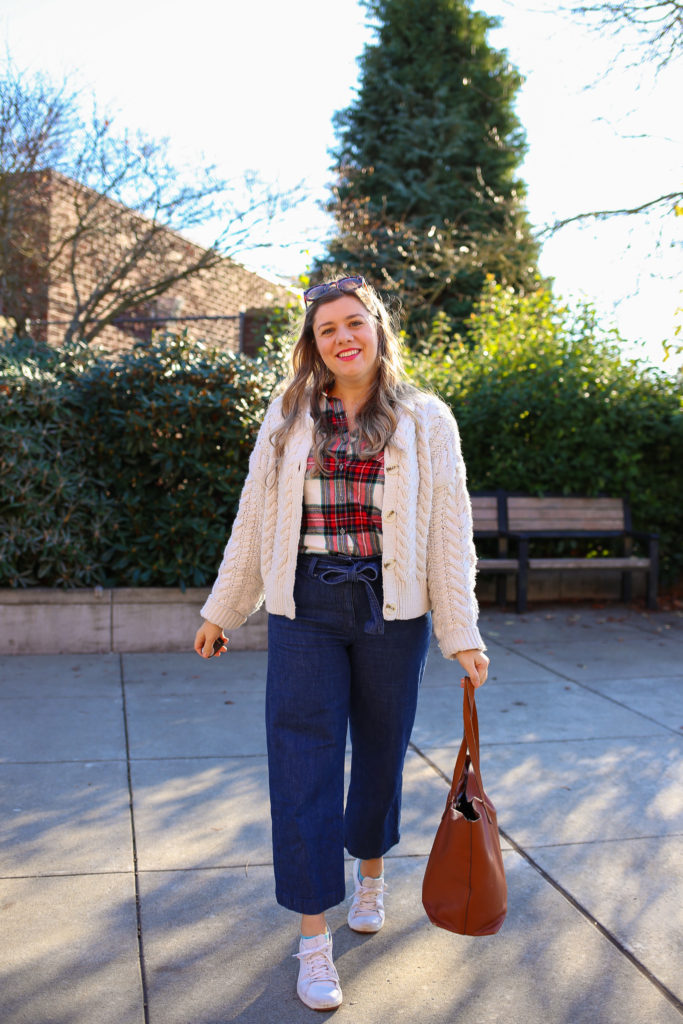 The Old Navy flannels are a great affordable find. This is an easy plaid flannel outfit idea for the fall and winter. With a cable knit cardigan and jeans, you'll have a perfect preppy flannel outfit for winter. #preppy #winteroutfitidea #flannel