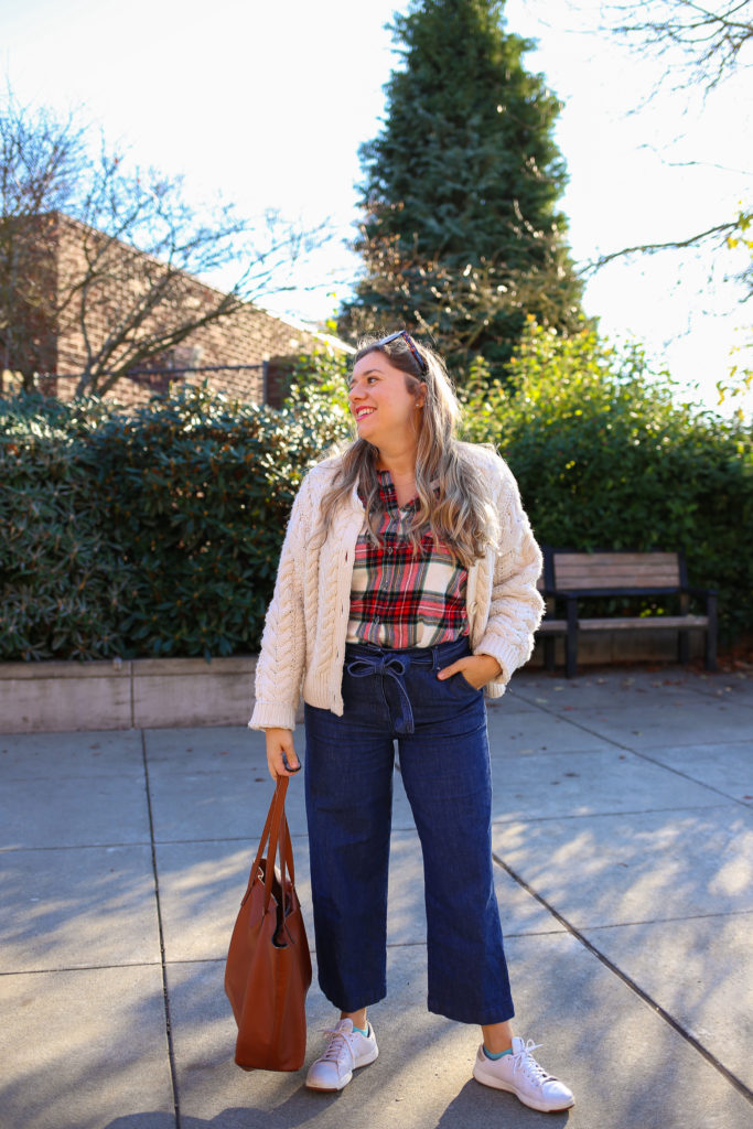 The Old Navy flannels are a great affordable find. This is an easy plaid flannel outfit idea for the fall and winter. With a cable knit cardigan and jeans, you'll have a perfect preppy flannel outfit for winter. #preppy #winteroutfitidea #flannel