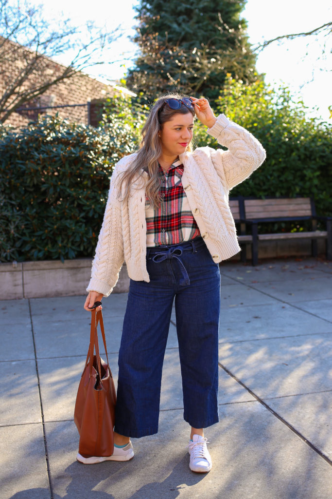 The Old Navy flannels are a great affordable find. This is an easy plaid flannel outfit idea for the fall and winter. With a cable knit cardigan and jeans, you'll have a perfect preppy flannel outfit for winter. #preppy #winteroutfitidea #flannel